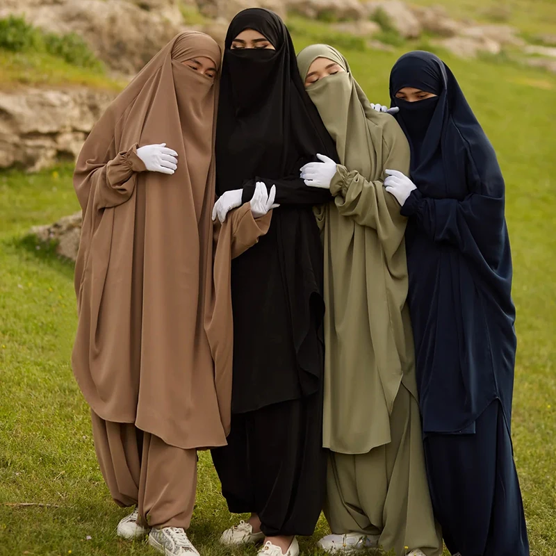 Dva kusu džilbáb harém kalhot s niqab struna vysoký kvalita nida EID ramadánu modlitba sportovní hidžáb khimar ženy islámské šatstvo