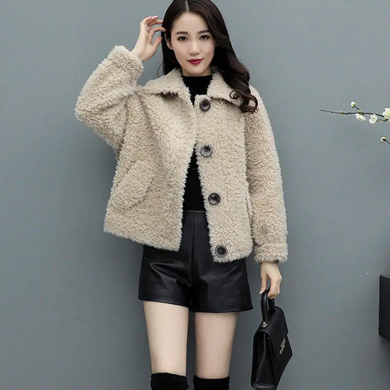 Women's Faux Fur Coat, Loose Lamb Wool, Short Parkas, Casual Outwear, Thick, Warm, Monochromatic, Fashion, Winter, New, 2024