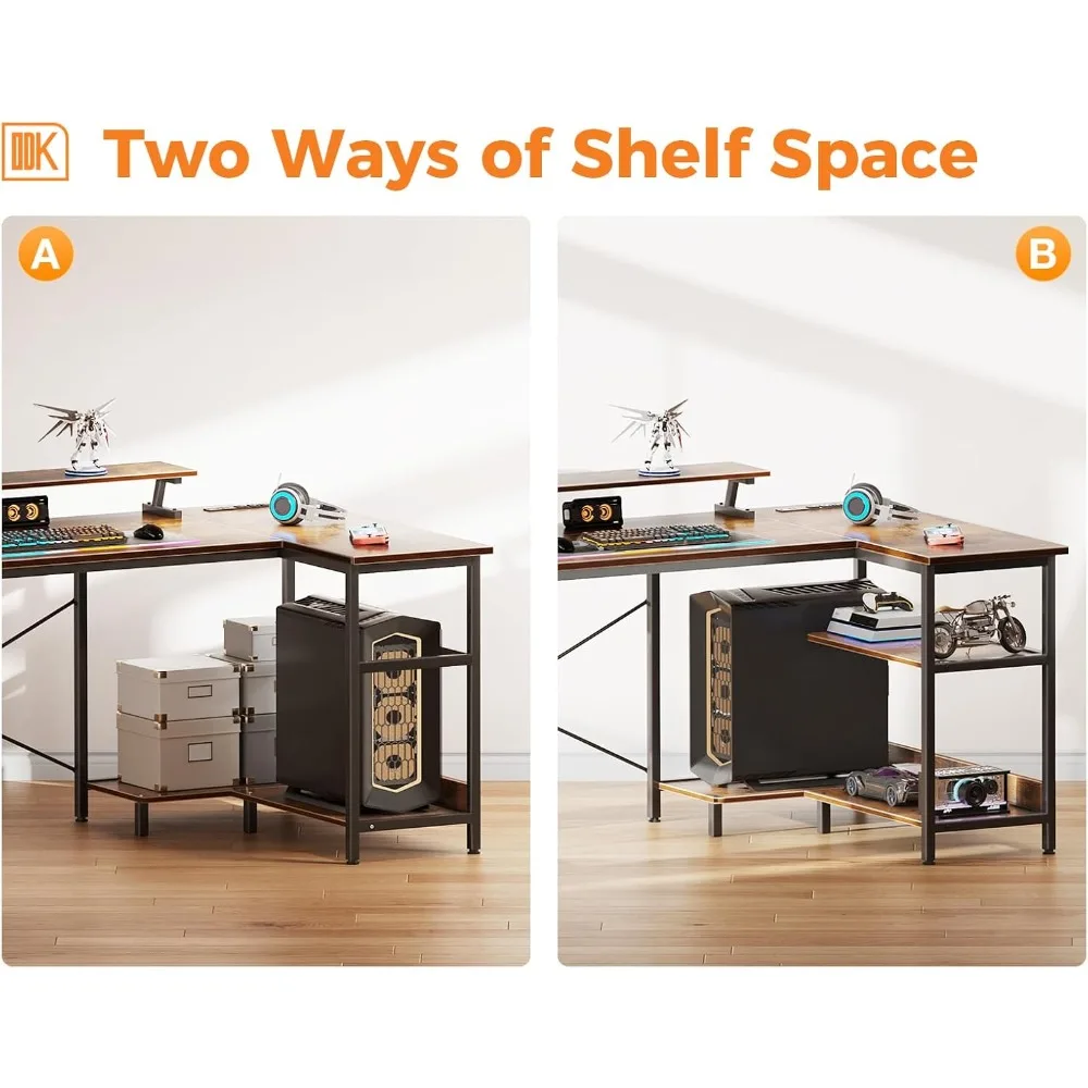 58 Inch Gaming Desk with USB Charging Ports and LED Lights, Reversible L Shaped Computer Desk with Storage Shelves & Monitor St