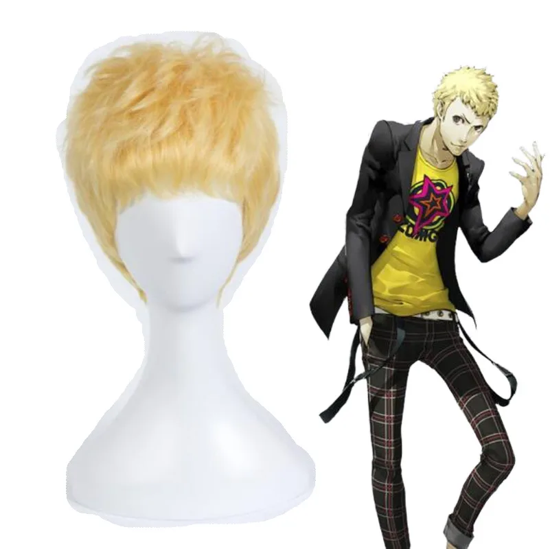 

Men's Persona 5 Ryuji Sakamoto Short Golden Hairstyles Synthetic Cosplay Full Wigs Halloween Costume Party Wigs +wig cap