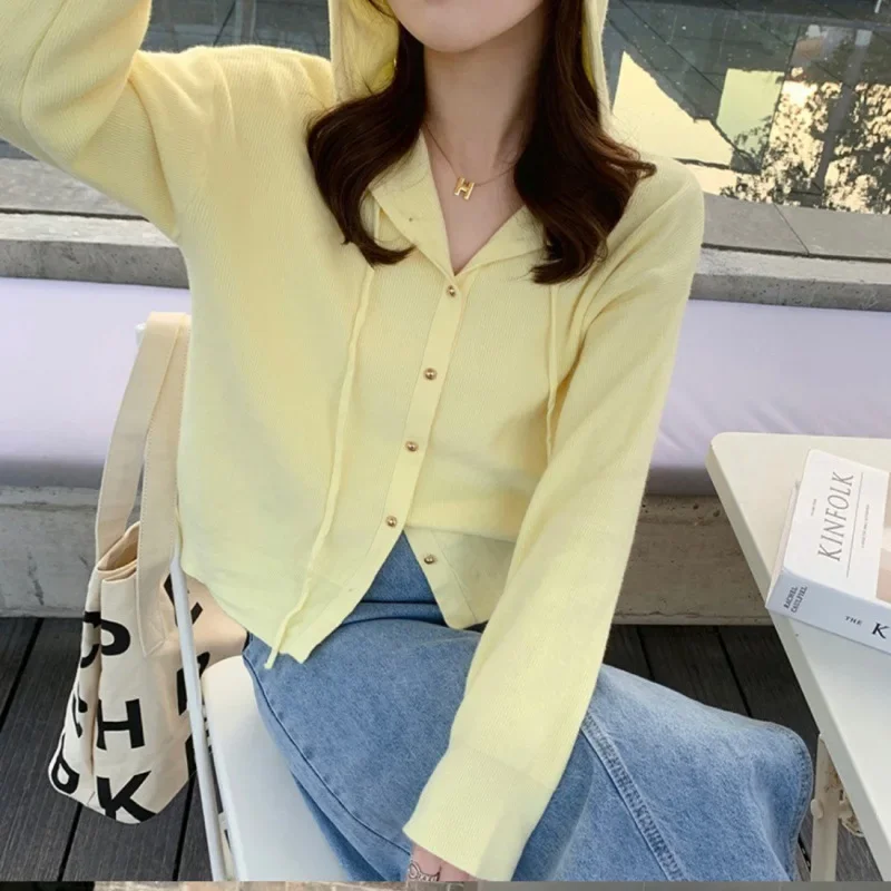 

Design Sense Autumn Hooded Knitwear for Women 2023 Autumn Spring New Gentle Loose Short Knitted Sweater Women