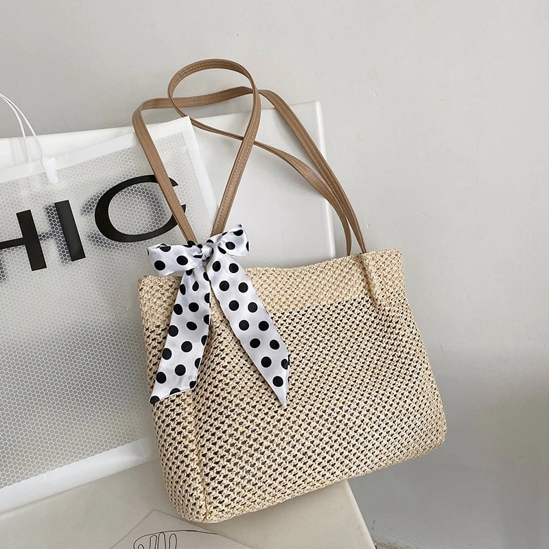 

Casual Straw Woven Top-Handle Bags Vintage Silk Ribbon 2023 New Trend Leisure Solid Shopping Promotion Shoulder Party Bag
