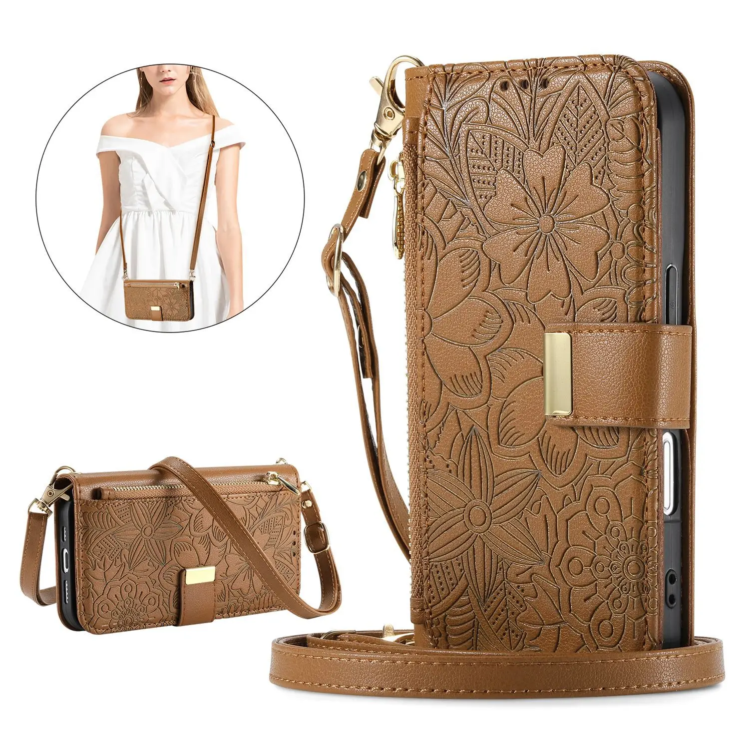 Luxury Leather Crossbody Wallet Case with Zipper and Lanyard - Multi-Card Wristlet Flip Cover