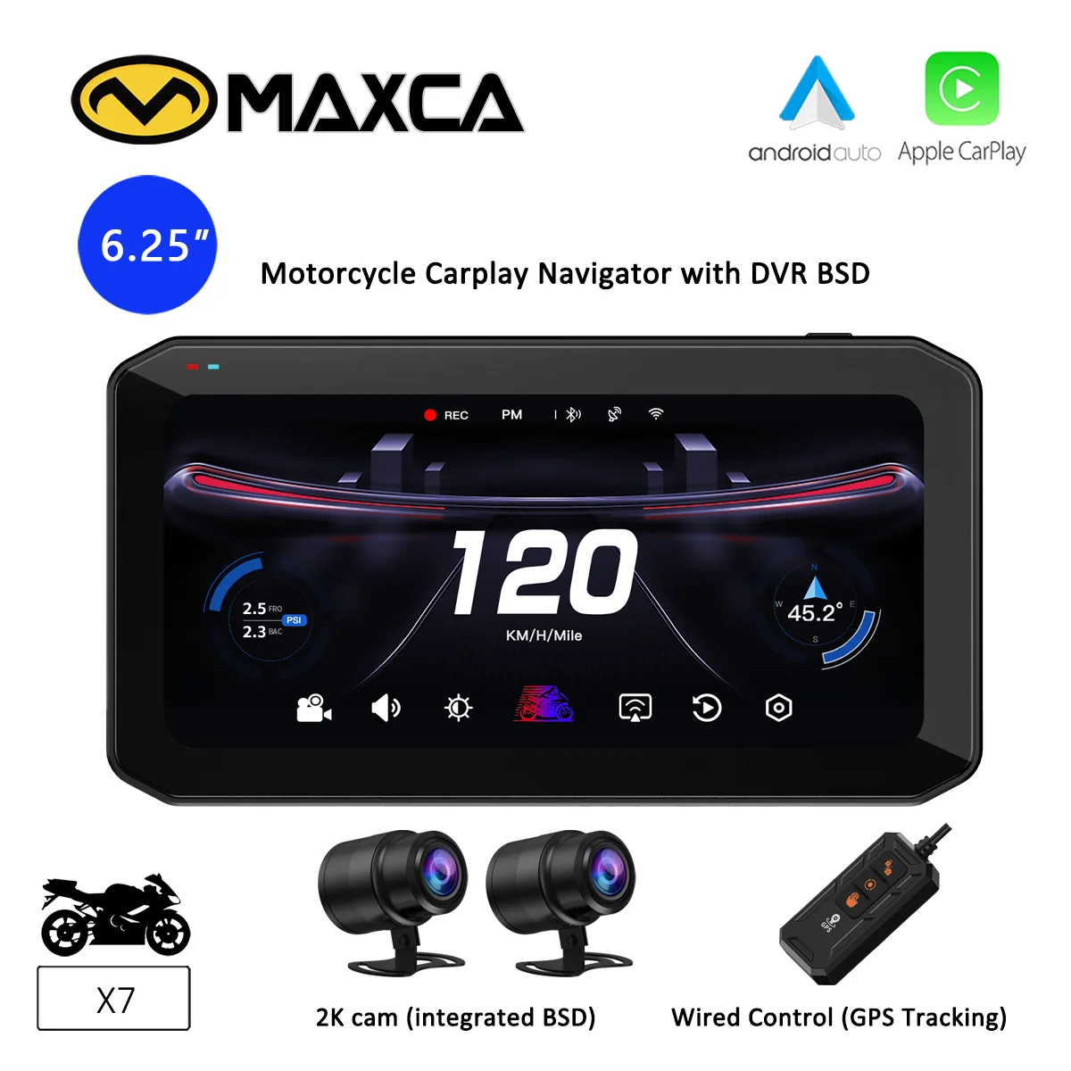 MAXCAバイク用ナビ CarPlay AndroidAuto MAXCA X7 6.25 inch Wireless Android Auto Apple Carplay