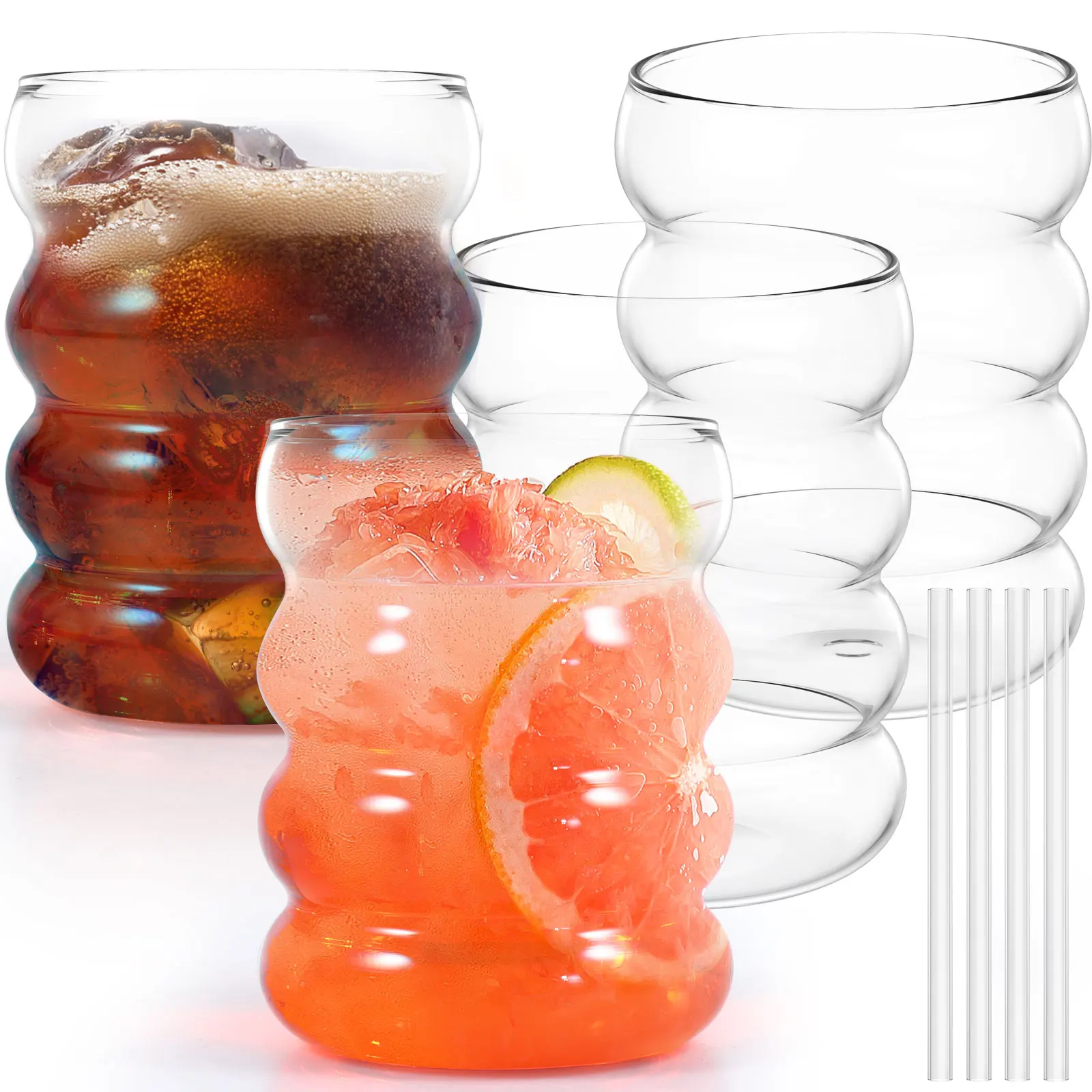 4Pcs Bubble Drinking Glasses with 4Pcs Straws 10oz Ribbed Drinking Glass Cups Temperature Resistant Bubble Glass for Soda Juice