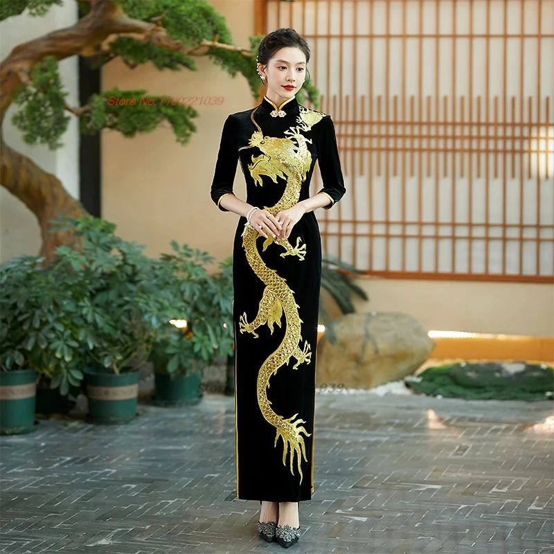 chinese improved dress traditional qipao dress national dragon embroidery velvet qipao oriental banquet evening