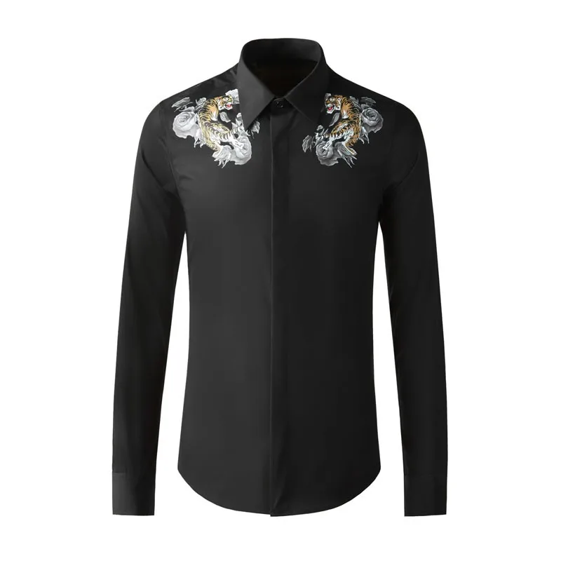 

New Arrival Fashion Super Large Cotton Rose Tiger Spring Autumn Men Long Sleeve Chinese Style Print Casual Shirt Plus Size M-4XL