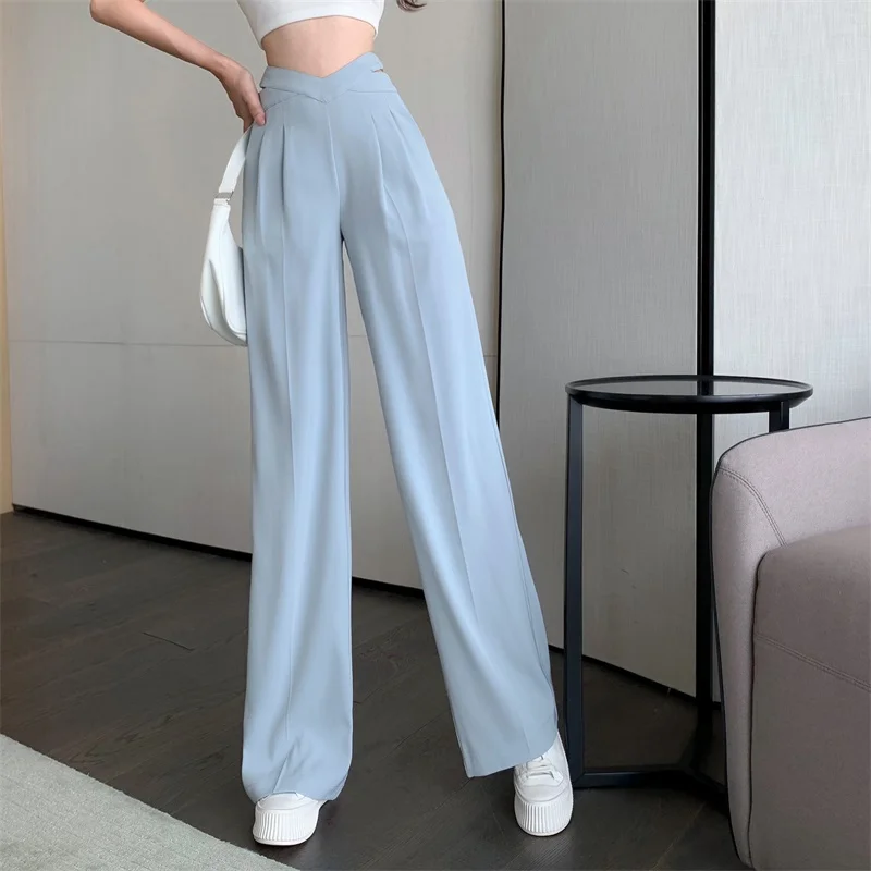 YUANYUANJYCO Korean Hollow Out High Waist Office Lady Wide Leg Pants Women Spring Autumn Back Zip Up Black Long Trousers Woman cargo pants for women