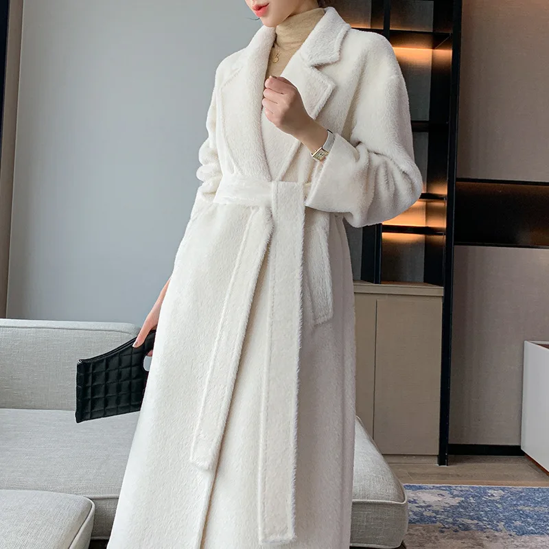 Winter Thickened Warm 100% Alpaca Wool Coat Women Long Milk White Coat 2022 Orange Rashion Camel Casual Classic Lace-up Commuter