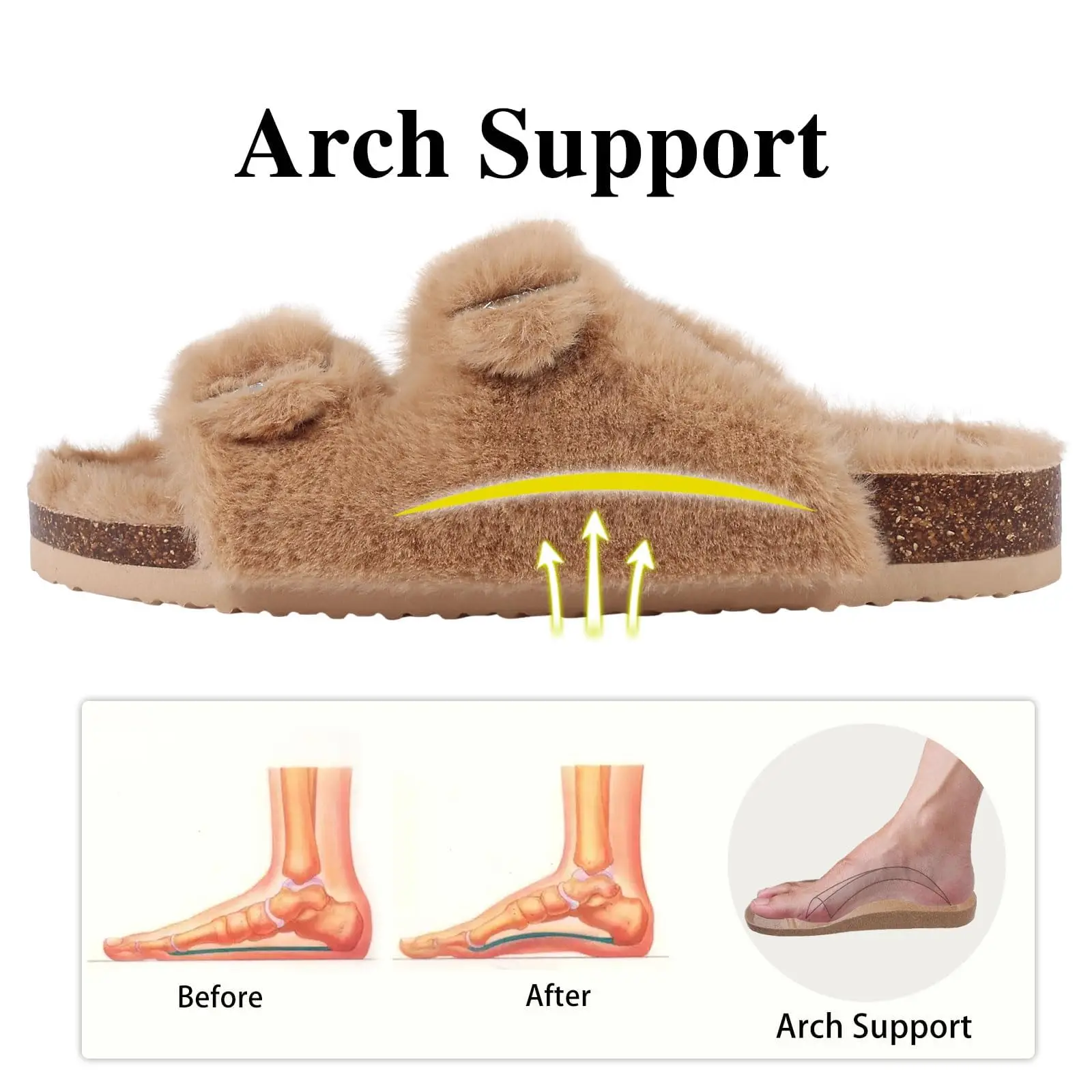 Comwarm Winter Flauschige Damen-Hausschuhe mit Fußgewölbeunterstützung, offene Zehenpartie, Kork-Hausschuhe, pelzige Damen-Sandalen mit verstellbarer Schnalle – Detail 32