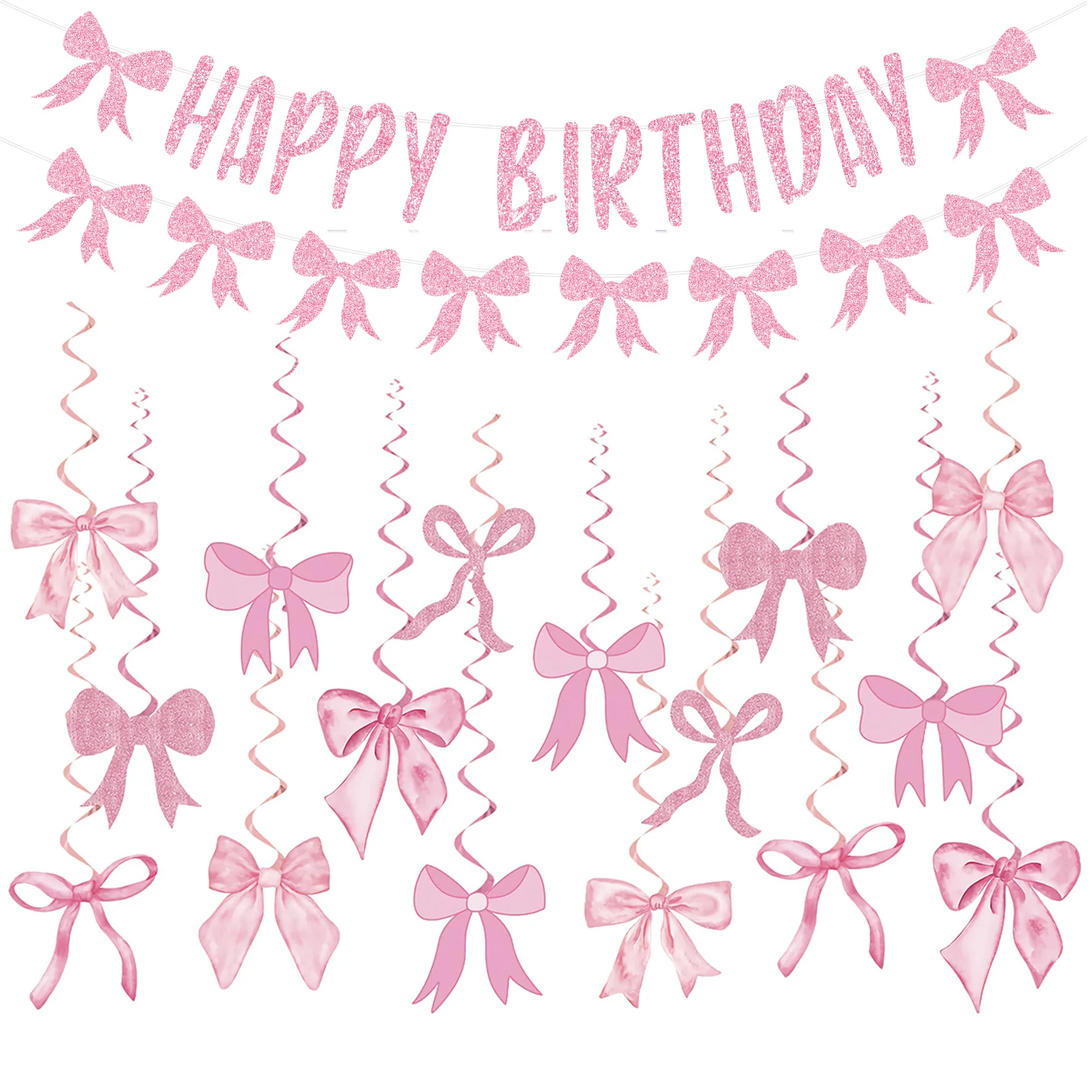 Süße rosa Schleife Thema alles Gute zum Geburtstag Banner Wirbel hängende Girlande Foto Requisiten für Kinder Mädchen Geburtstag Baby Shower Party Dekoration