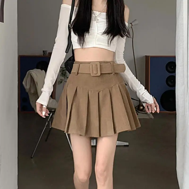 Fashion Y2K Pleated Skirts Women New American Vintage High Waist A-line Khaki Corduroy Mini Skirt Wiht Belt fennec 5 30 delivery mini pocket 018 khaki