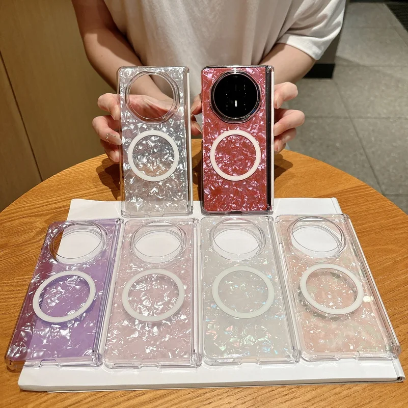 Pearlescent Shell Pattern Magnetic Ring Case For Honor Magic V6 Magic V5 Glitter Clear Shockproof Foldable Protective_voghion.com