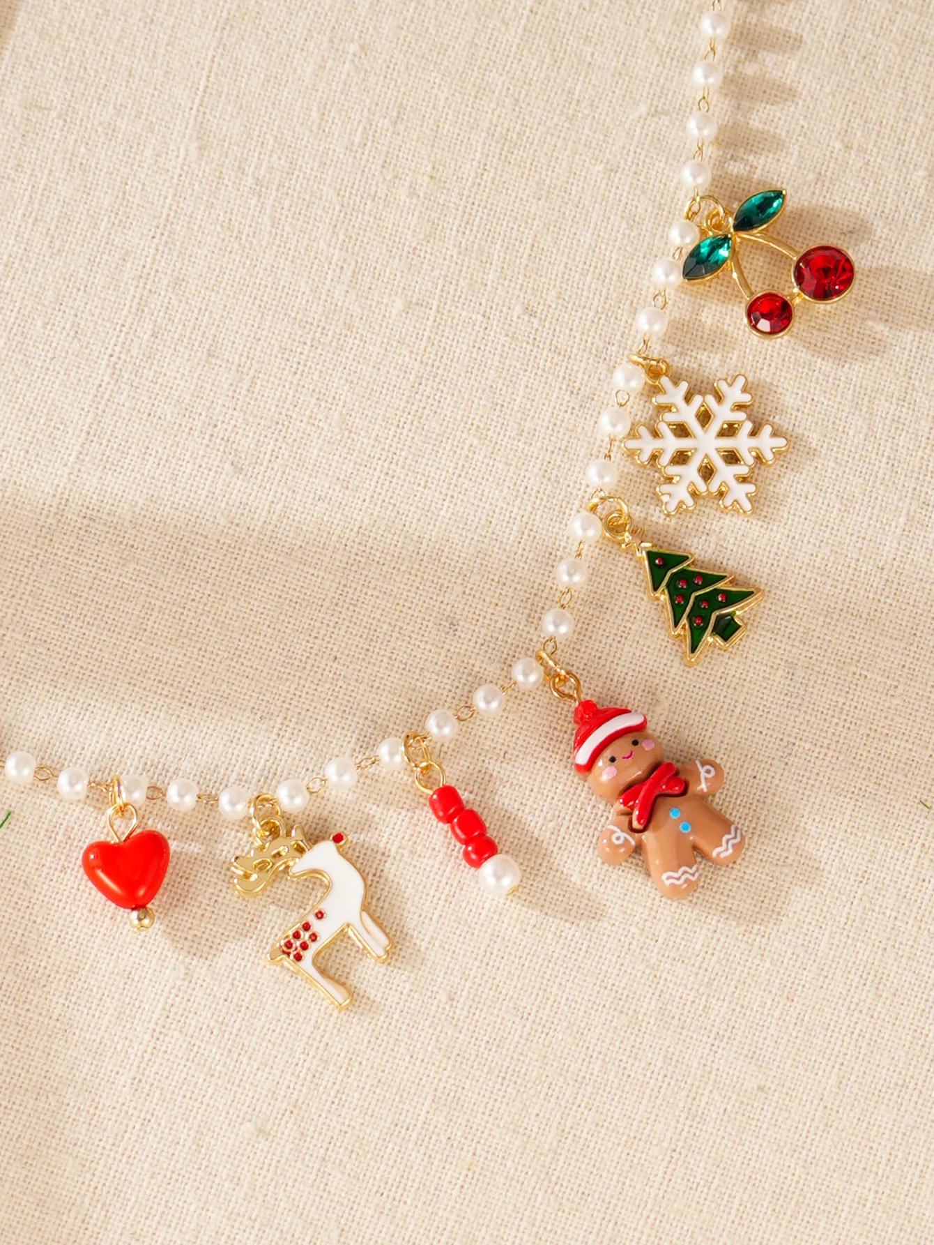 Gingerbread Imitation Pearl Chain Womens Necklace Christmas