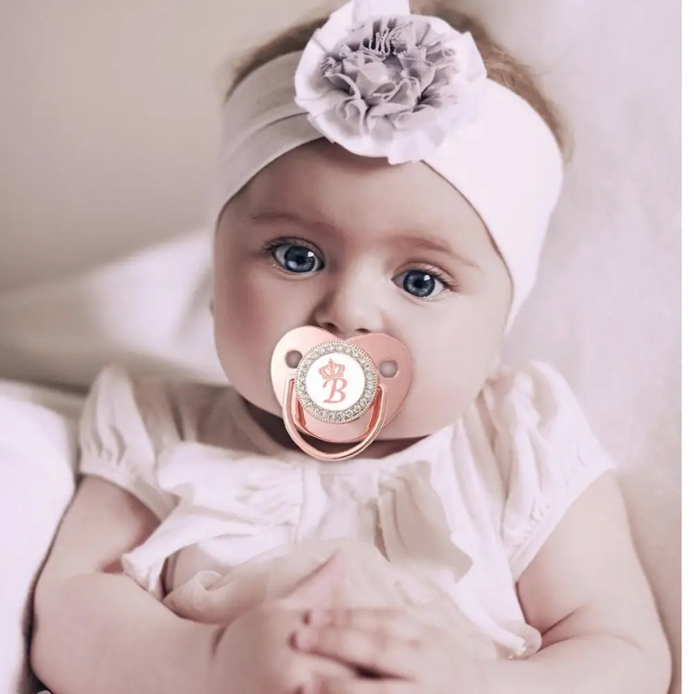 26 Letters Rose Gold Crown Letters Baby Rhinestone Pacifier Baby Teether Tape Chain Clip silicone pacifier