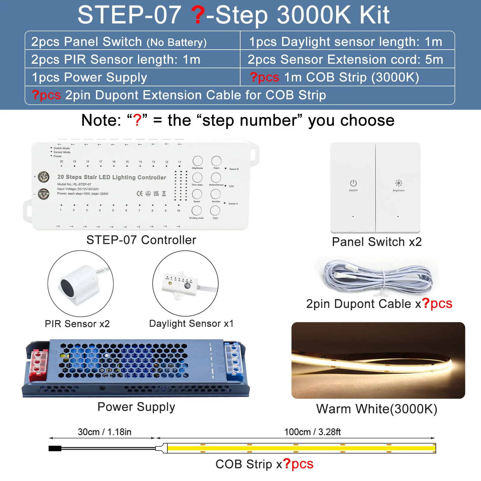 Kit di illuminazione per scale a LED con attivazione del movimento intelligente Sensore PIR da 1-20 gradini Lampada per scale per scale per interni con luce di controllo intelligente
