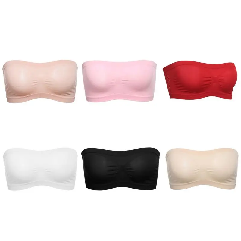 

Womens Size Strapless Seamless Stretch Bandeau Tube Bra Top Back Mesh Solid