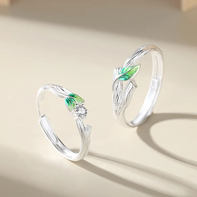 Sweet Simple Green Leaves Young Couple Ring For Women Lover Silver Color Open Resizable Rings Romantic Wedding Jewelry couple rings