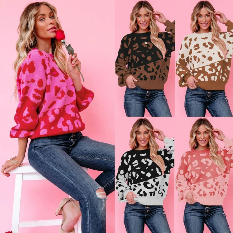 

Round Neck Two-Tone Leopard Print Sweater Fashion Women'S Pullover Sweater