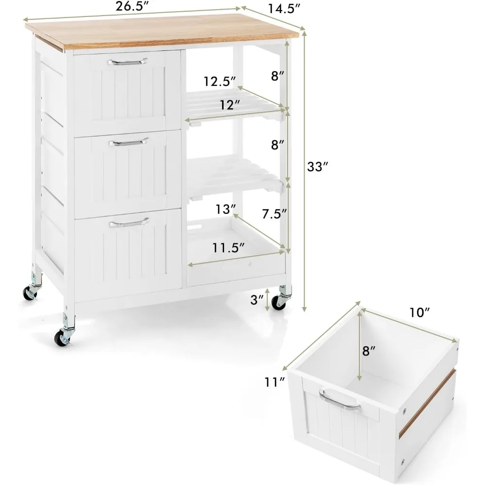 Kitchen Storage Island Cart on Wheels, Kitchen Rolling Trolley Cart with 3 Drawers and Shelves, 360&deg; Wheels & Detachable
