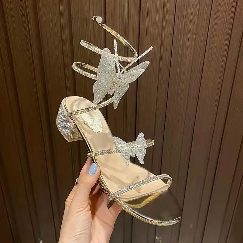 Summer Women's Sandals Fashion Rhinestone Butterfly Wrap Mid Heel Banquet Luxury Wedding Bridal Shoes