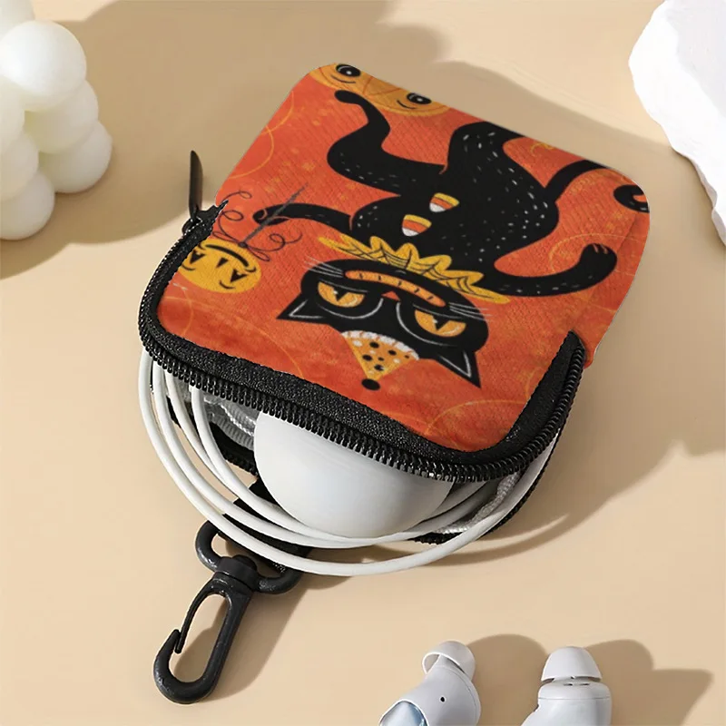 Dancing Cat Printed Faux Leather Zipper Mini Coin Purse For Earphone Storage
