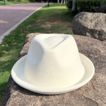 100% White Wool Fedora Hat Women Autumn Winter New Fashion Casual Crown Top Jazz Top Hat Unisex Shopping Vintage Warm Jazz Hat