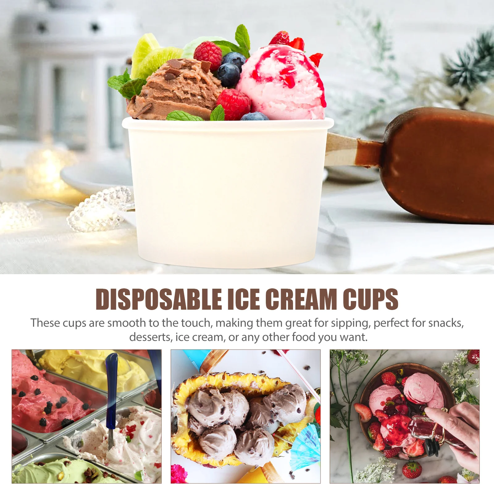 50 Pcs Ice Cream Paper Cup Disposable Bowls With Lid For Cold Dessert Storage One Time Use Kitchen Dining dessert cups disposable paper cups