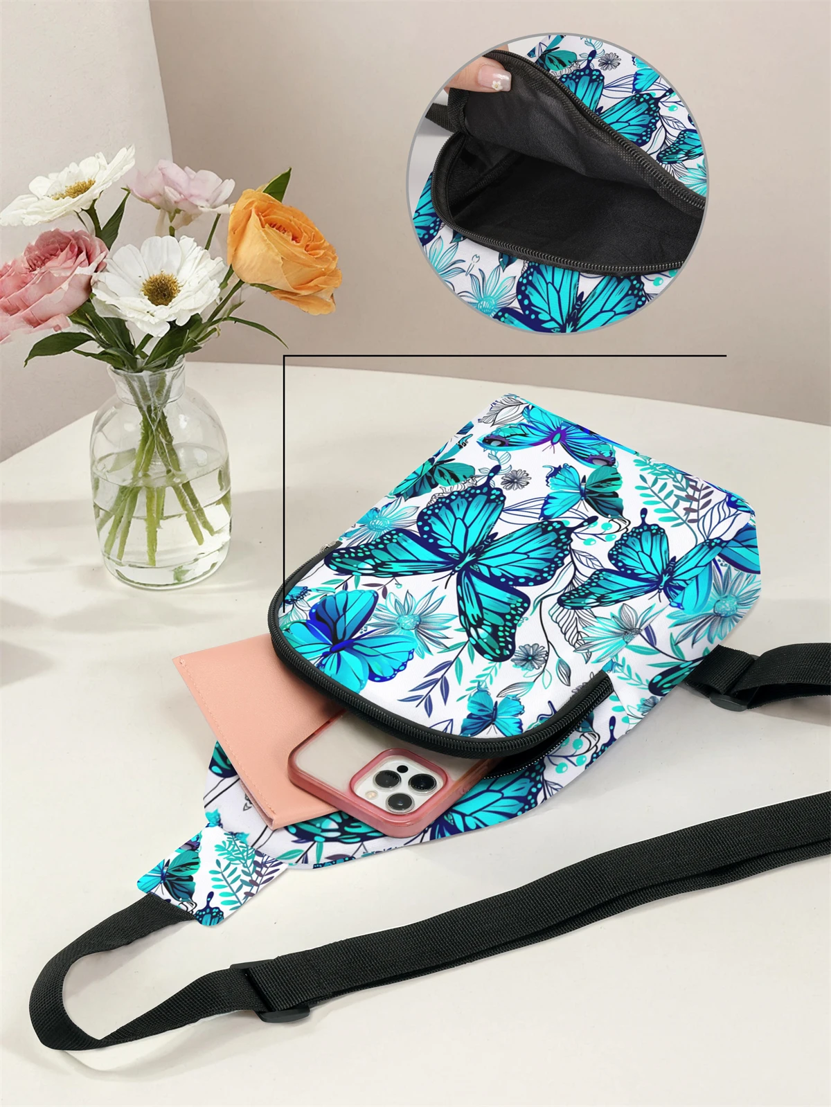Butterfly pattern chest bag crossbody bag, multifunctional, lightweight, and simple chest bag, suitable for travel
