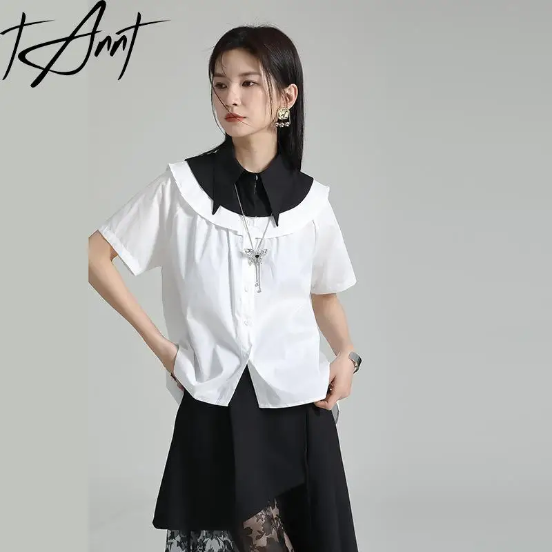 

Tannt Women Shirt Asymmetry Peter Pan Collar Color Matching Casual Shirts Tops Short Sleeves Irregular Loose Blouses Tops 2024