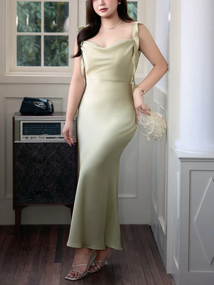 Ribbon Satin Swing Collar Plus Size Women Spaghetti Strap Mermaid Dresses Premium Backless Slim Fishtail Fairy Dress