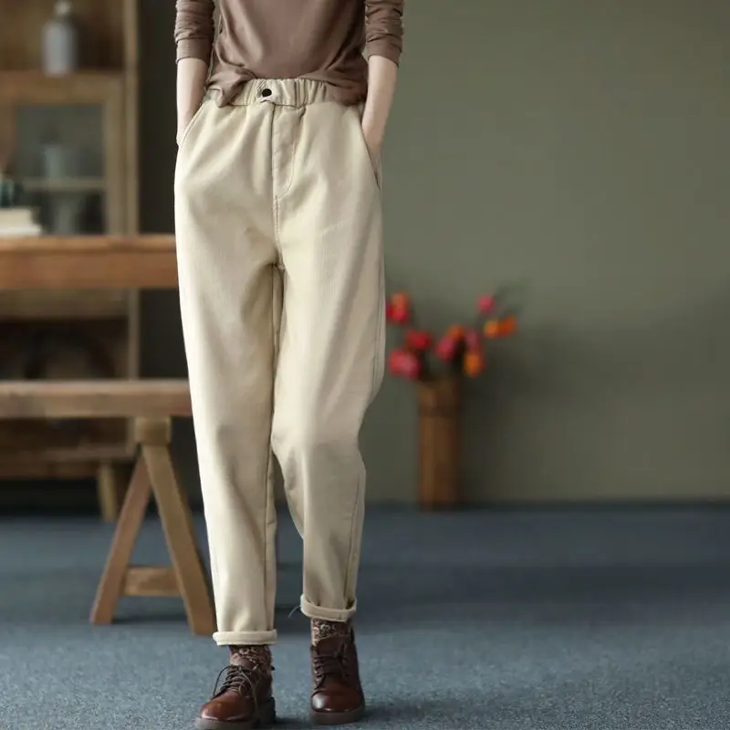 Women Winter New Elastic Waist Harlan Pants Fashion Retro Pockets Pure Cotton Fleece Thickened Warm Loose Versatile Casual Pants