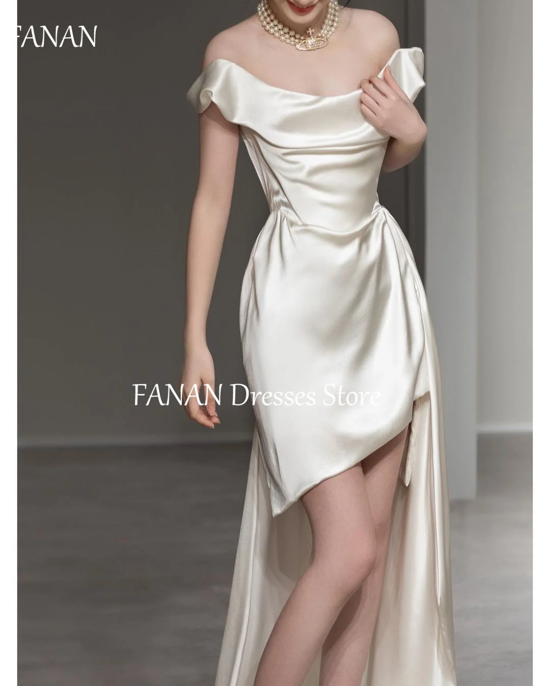 FANAN Korea Sheath Ivory Off the Shoulder Wedding Dresses Satin Backless Hi-Lo 웨딩드레스  Ruched Customized Bride Gowns Plus Size 5