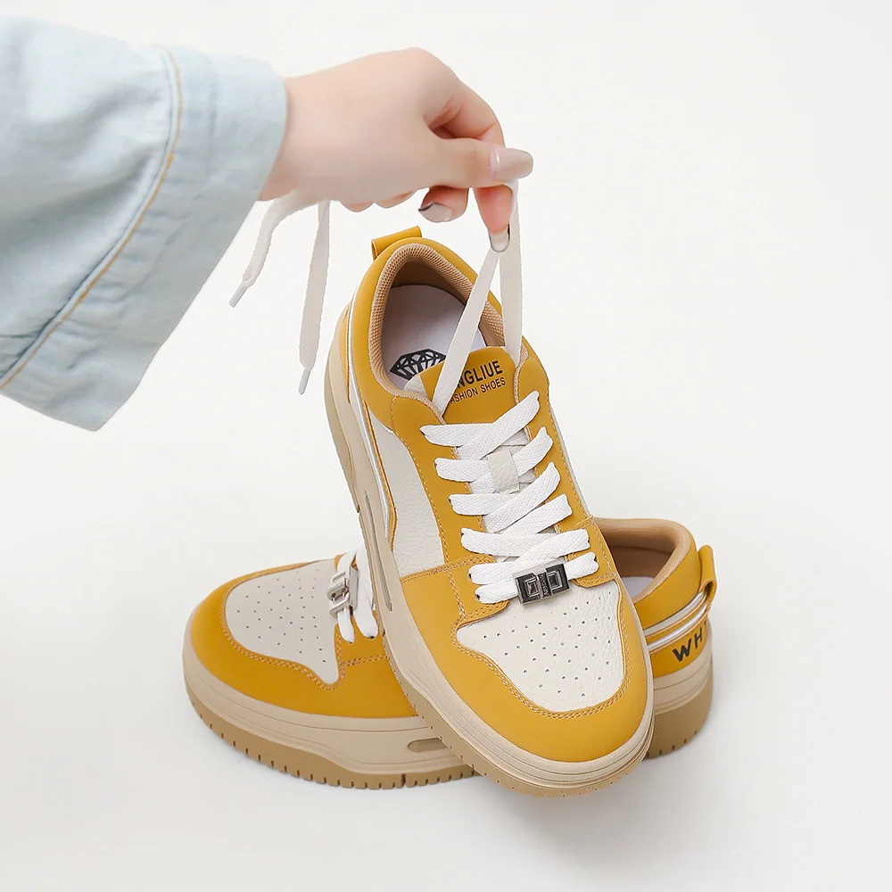 Somiliss Women Causal Sneakers Genuine Leather Patchwork Round Toe Cross Tied Design Platform Sole Ladies Spring Chunky Shoes