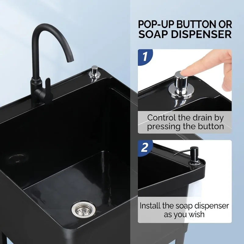 Utility Sink Laundry Tub for Washing Room, 23.6"×23.6"×36.2" Freestanding Utility Sink with Stainless Steel Faucet, Black 6
