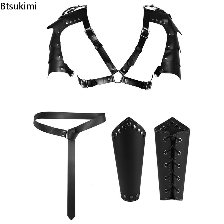 Halloween Cosplay Costume Accessories Medieval Viking Knight Clothes Prop Leather Belt Shoulder Armor Wristguards Waist Bag Sets