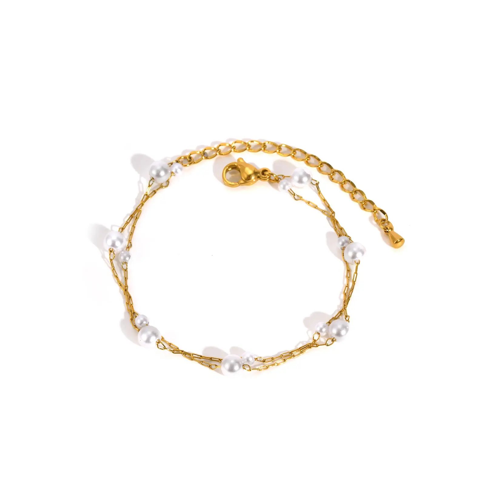 Hochwertiges Doppelschicht-Armband mit Imitationsperle für Damen, modisches Edelstahl-Kettenarmband, eleganter ästhetischer Schmuck – Detail 9