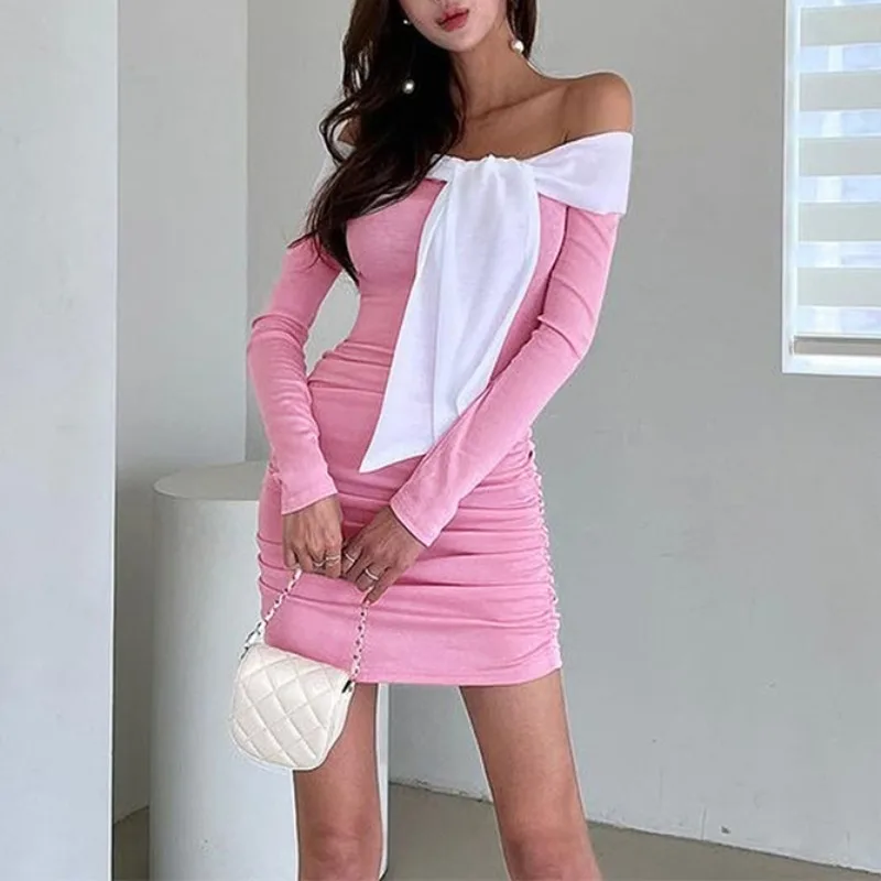 

TARUXY Splice Bow Mini Dress For Women High Waist Sexy Off Shoulders Bodycon Dresses Ladies Party Wedding Elegant Dress Woman