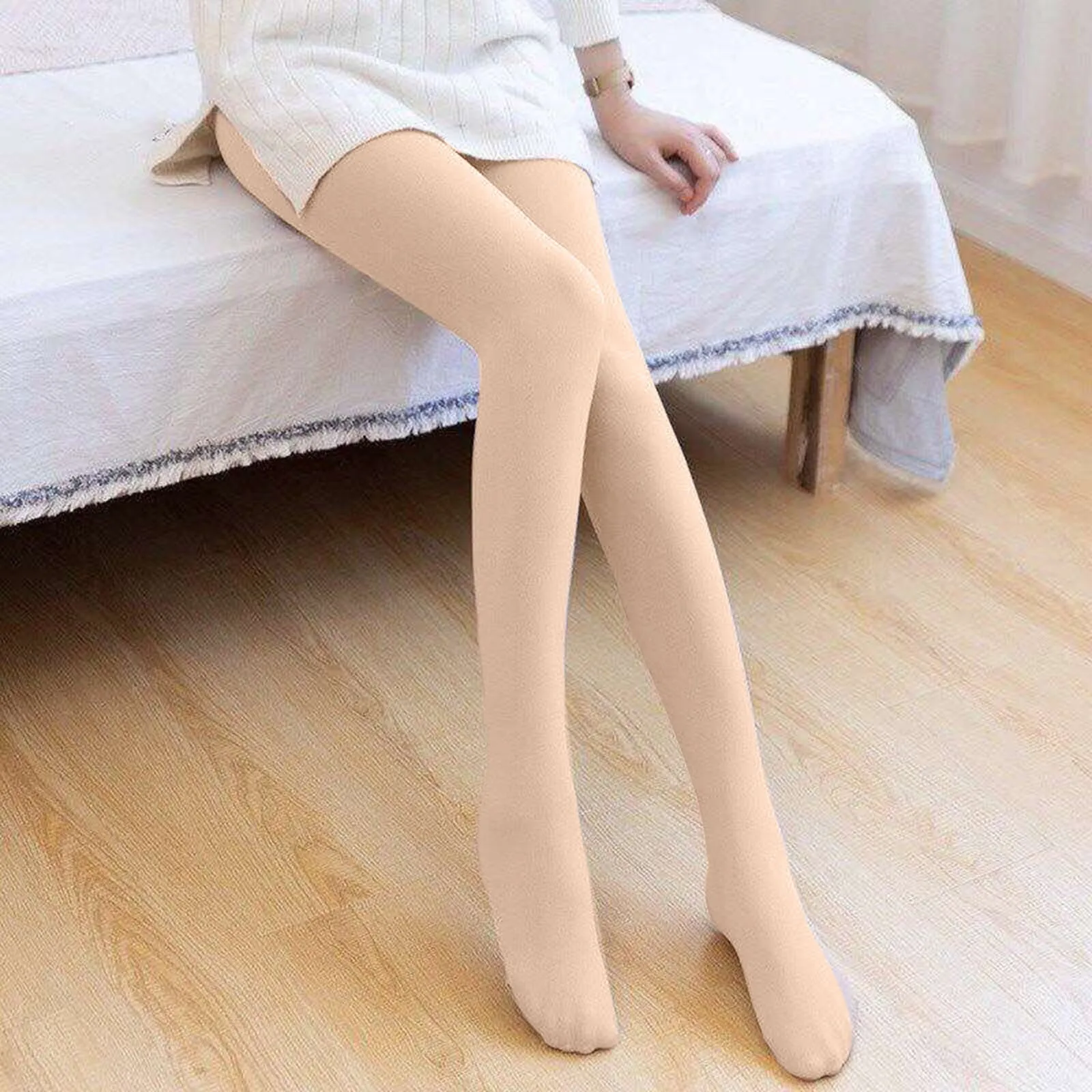 

Winter Silken Mist Translucent Seamless Solid Color Fleece Lined Pantyhose Stockings Outwear Anti Snag Stretchy Bottom Legging