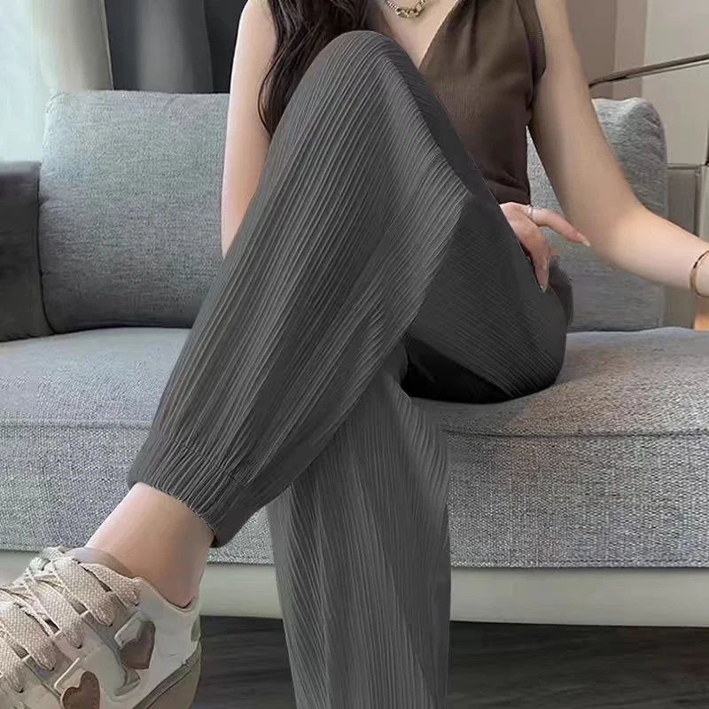 Ice Silk Casual Wide Leg Harem Pants Trousers Solid Elastic Waist Women Clothing Sweet Streetweat Summer Ankle-Length Pants New