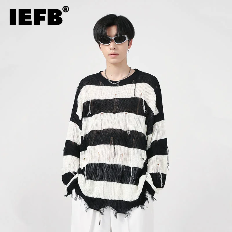 

IEFB Men's Sweater Autumn New Korean Style Loose Striped Tassel Pullover Tops Fashion Baggy Knitted Worn Out Sweatshirts 9C1965