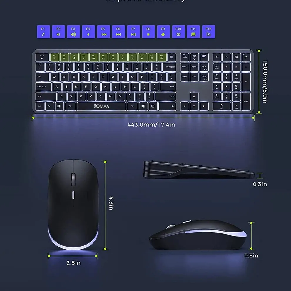Wireless Ultra Slim Full Size Keyboard and Mouse Combo Rechargeable 2.4G USB Cordless Illuminated keyboard and mouse set