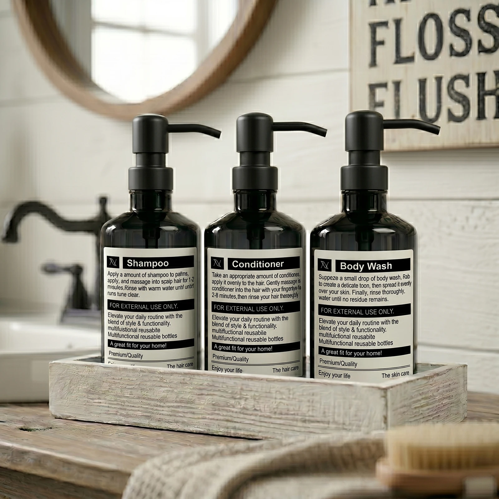 Deluxe Refillable Bathroom Dispenser Bottles for Shampoo, Conditioner, and Body Wash