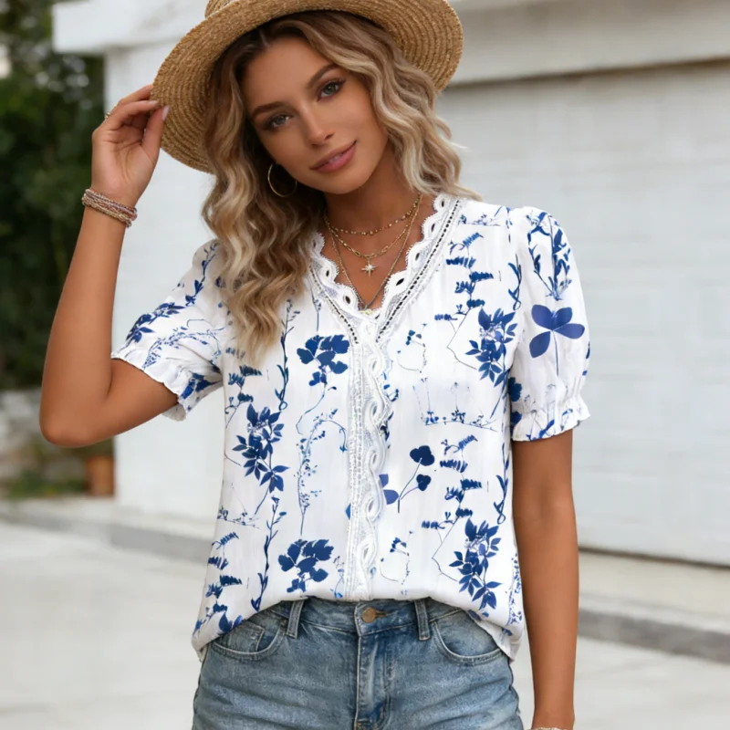 New Fashion Spring and Summer V-Neck Lace Hollow Women's Short Sleeve Printed Shirt Elegant Lace Stitching Blouse office woman