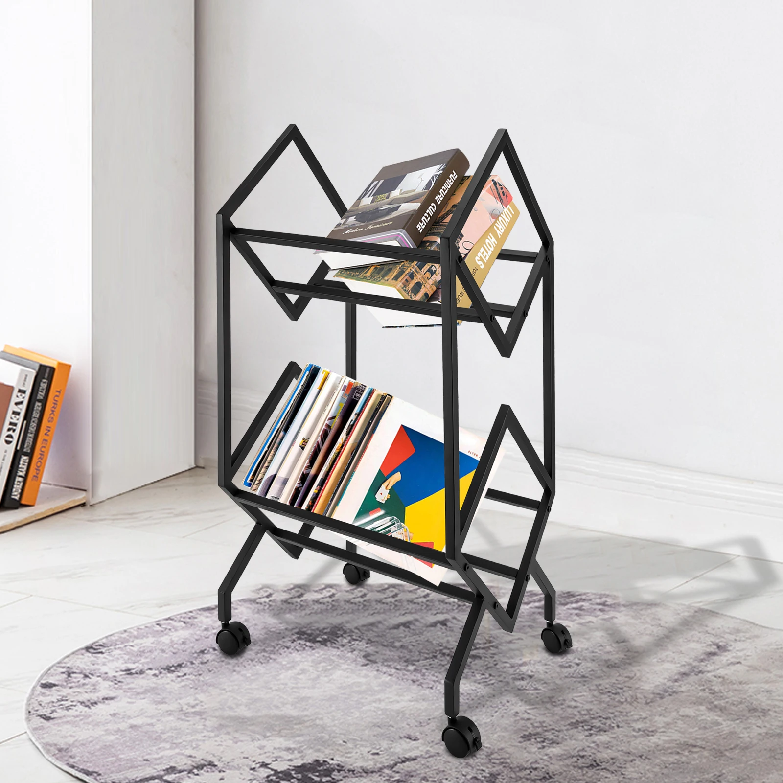 

Mobile Vinyl Record Storage, 2-Tier Record Holder, with Casters Metal Record Stand for Display Albums, Magazines etc. Black