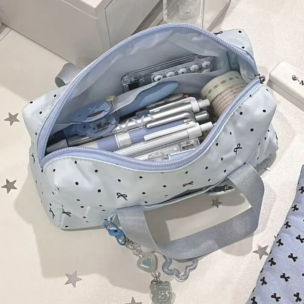 휴대용 블루 폴카 도트 연필 케이스 다기능 활 패턴 문구 가방 대용량 문구 파우치 학생 선물