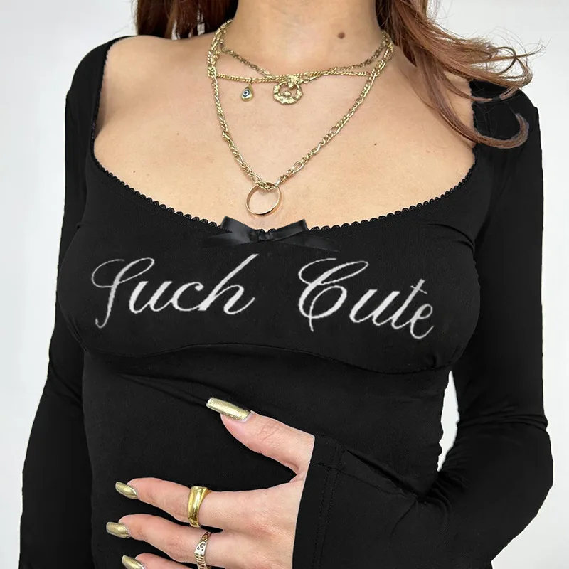 

Girl Square Collar Lace Bow Letter Print Patchwork Slim Long Sleeve Women's T-shirt 2024 Spring New Tees Woman Clothing Y2k Tops
