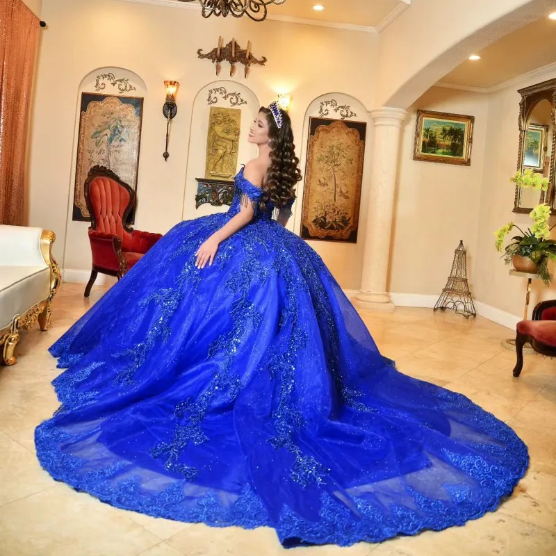 

VD Blue Glitter Off The Shoulder Ball Gown Quinceanera Dresses Sweet 16 Applique Lace Beads Prom Gowns Vestidos De 15 Años