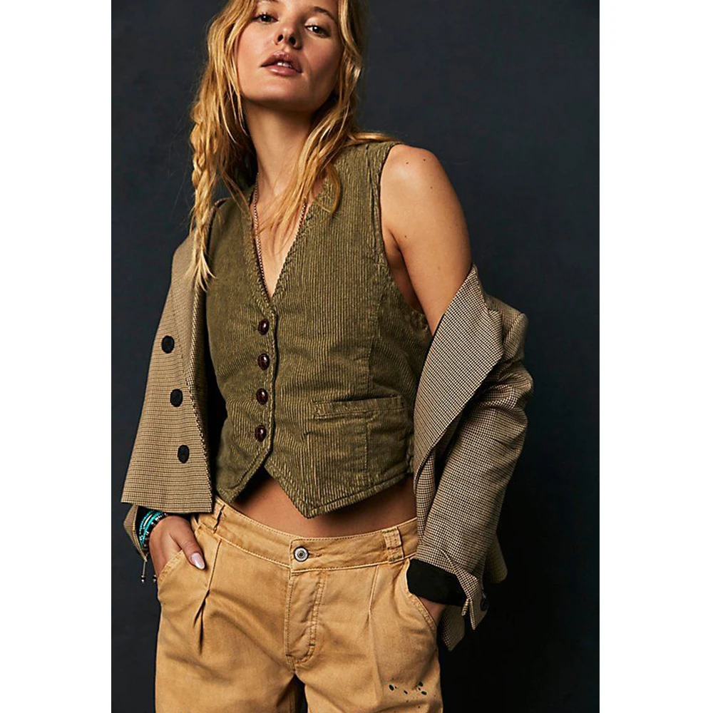 Women's Corduroy Suit Vest Waist Slim Fashion Comfortable Commuting Work Wear S-XXL Size Women Autumn Suit Vest Jackets