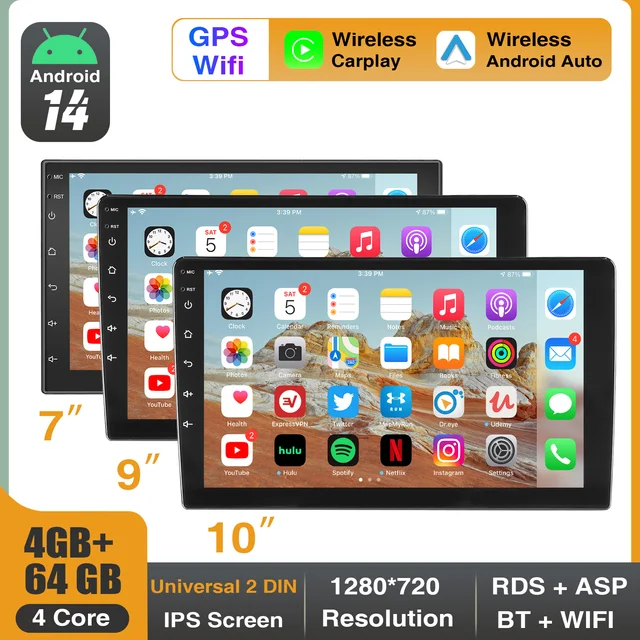 ESSGOO 7 "/9"/10 "2 DIN Android 14 4 + 64G autoradio Carplay Android Auto GPS SAT Navi Bluetooth FM RDS Radio WIFI écran tactile 1